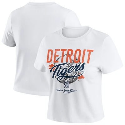 Women's WEAR by Erin Andrews  White Detroit Tigers Distressed Cropped Baby T-Shirt