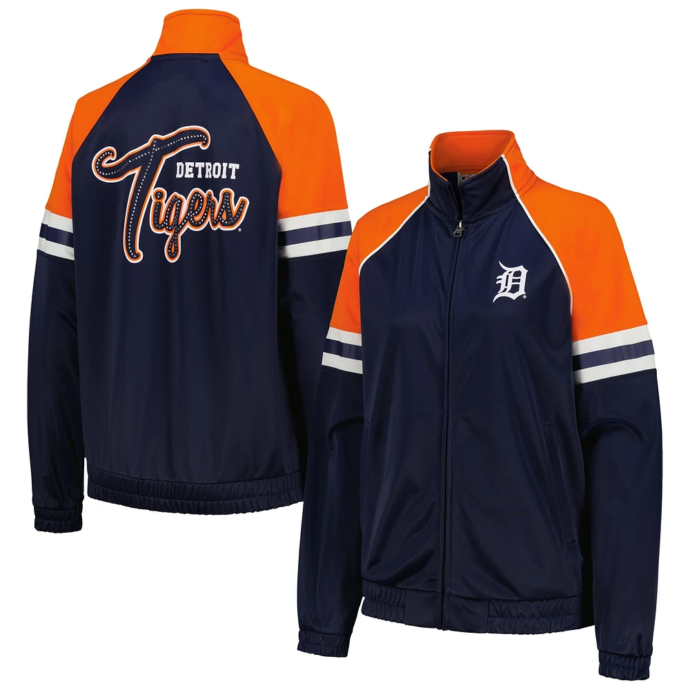 Veste de survêtement entièrement zippée G-III 4Her par Carl Banks pour femmes, bleu marine, Detroit Tigers First Place Raglan