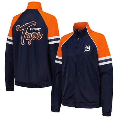 Veste de survêtement entièrement zippée G-III 4Her par Carl Banks pour femmes, bleu marine, Detroit Tigers First Place Raglan