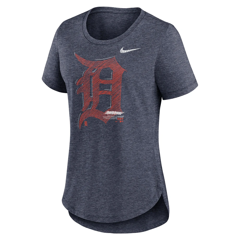 T-shirt à trois mélanges Nike Detroit Tigers Touch pour femme, bleu marine chiné