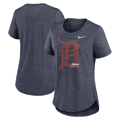 T-shirt à trois mélanges Nike Detroit Tigers Touch pour femme, bleu marine chiné