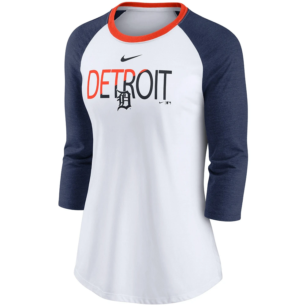 T-shirt raglan à manches 3/4 Nike pour femmes, blanc/bleu marine chiné, Detroit Tigers Color Split Tri-Blend