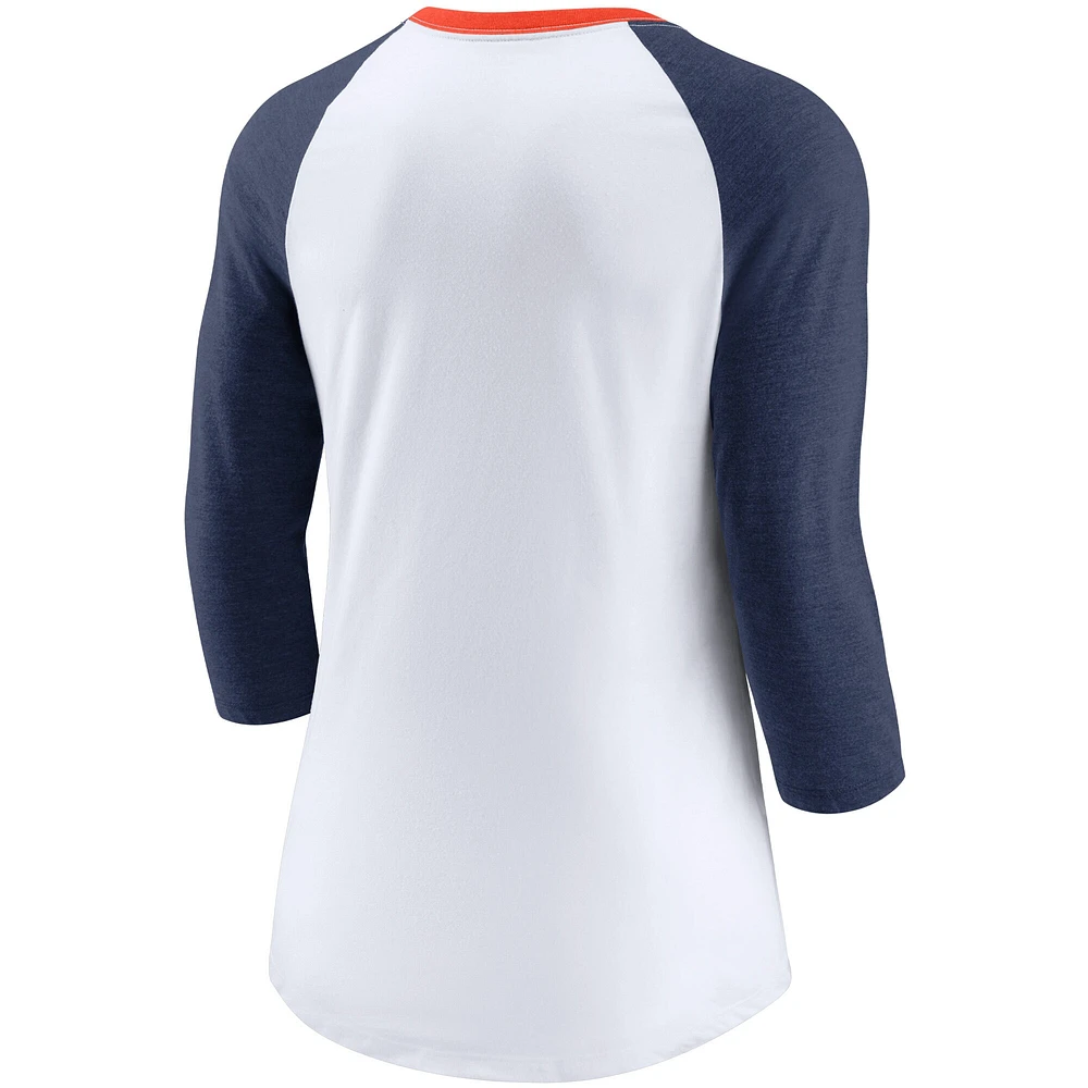 T-shirt raglan à manches 3/4 Nike pour femmes, blanc/bleu marine chiné, Detroit Tigers Color Split Tri-Blend