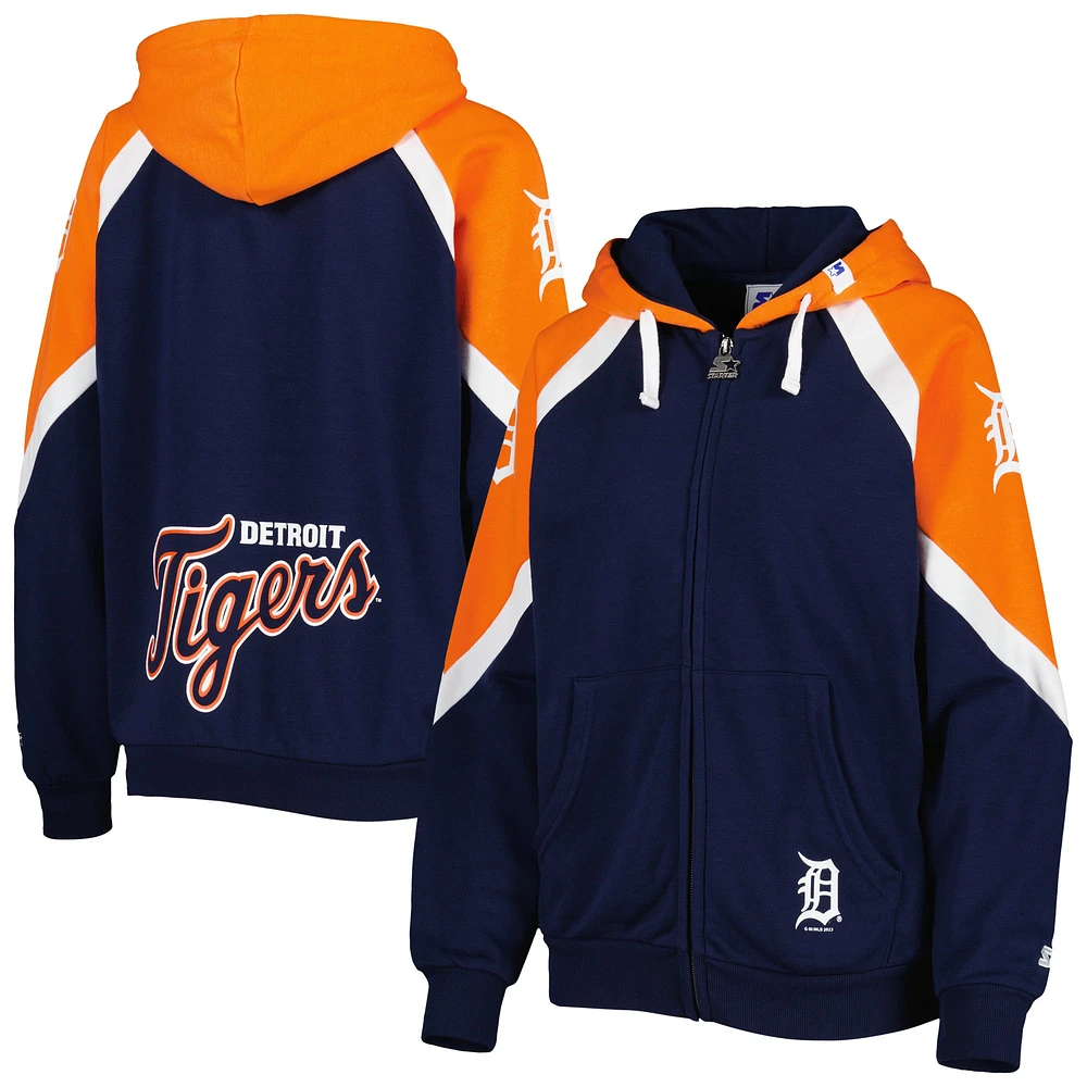 Women's Starter Navy/Orange Detroit Tigers Hail Mary Full-Zip Hoodie