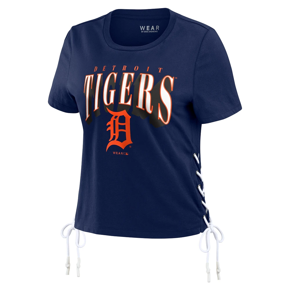 Women's WEAR by Erin Andrews Navy Detroit Tigers Side Lace-Up Cropped T-Shirt