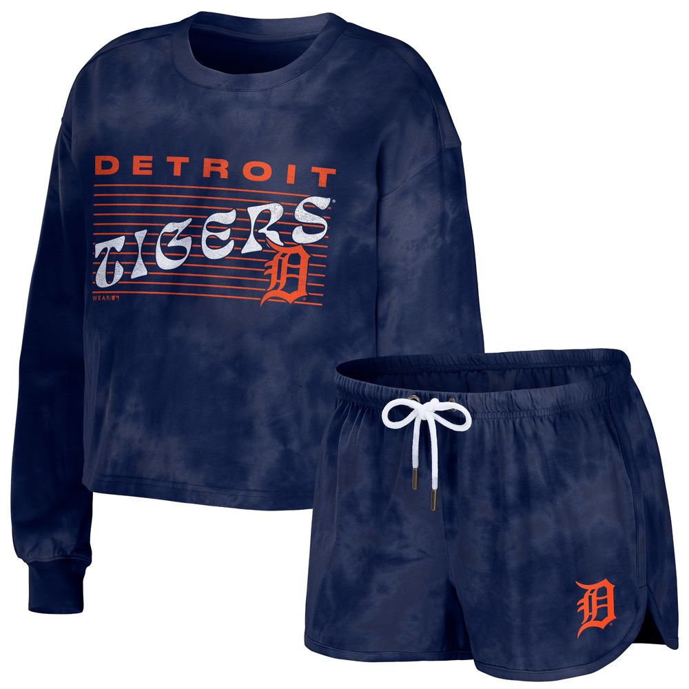 Women's WEAR by Erin Andrews Navy Detroit Tigers Tie-Dye Cropped Pullover Sweatshirt & Shorts Lounge Set