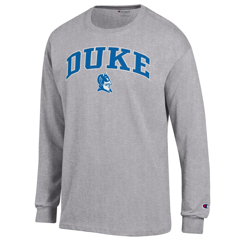 Men's Champion  Heather Gray Duke Blue Devils Arch Over Logo Long Sleeve T-Shirt
