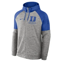 Sweat à capuche Nike Heather Grey Duke Blue Devils Fitness Raglan Performance entièrement zippé pour homme