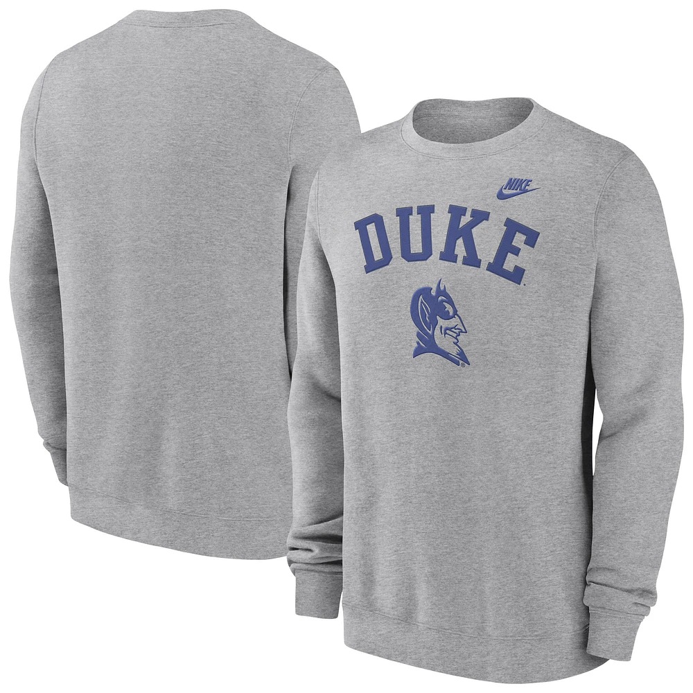 Men's Nike Heather Gray Duke Blue Devils Legacy Classic Tackle Twill Embroidered Arch Over Logo Pullover Sweatshirt