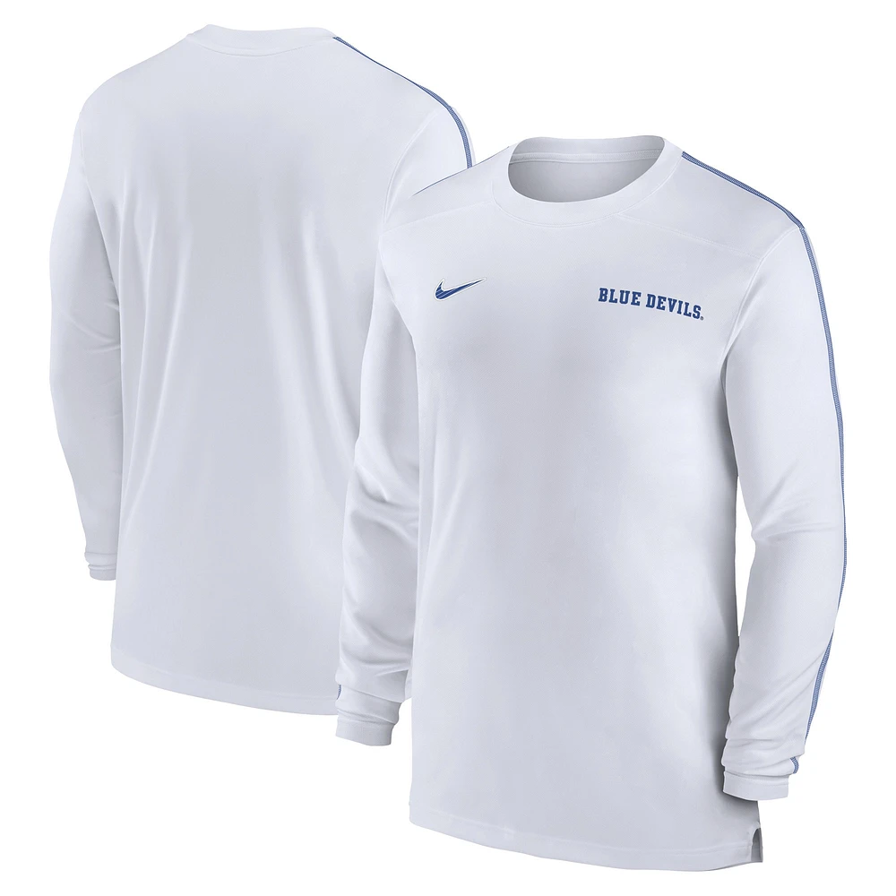 T-shirt à manches longues Nike White Duke Blue Devils 2024 Sideline Coach UV Performance pour homme