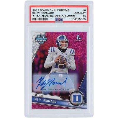 Riley Leonard Duke Blue Devils Autographed 2023 Bowman Chrome U Fuchsia Mini Diamond #6 #105/150 PSA Authenticated 10 Card
