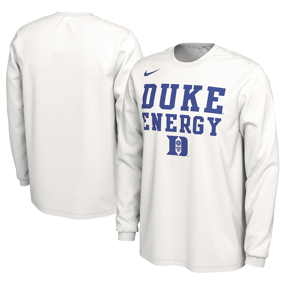 T-shirt à manches longues Nike White Duke Blue Devils 2024 On-Court Bench Energy pour homme