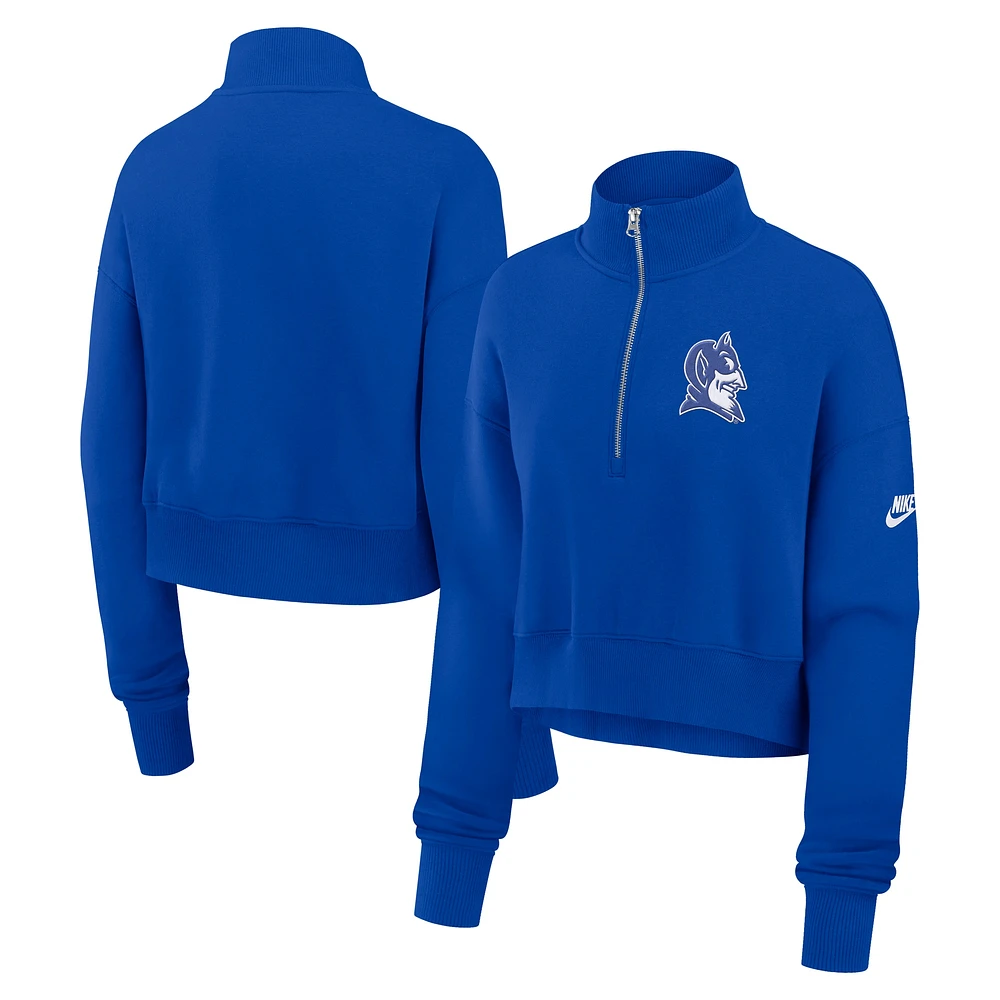 Sweat-shirt court à demi-zip Nike Royal Duke Blue Devils Legacy Elevated Logo pour femme