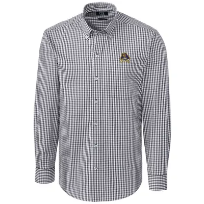 ECU Pirates Cutter & Buck Big Tall Stretch Gingham Long Sleeve Button Down Shirt - Charcoal