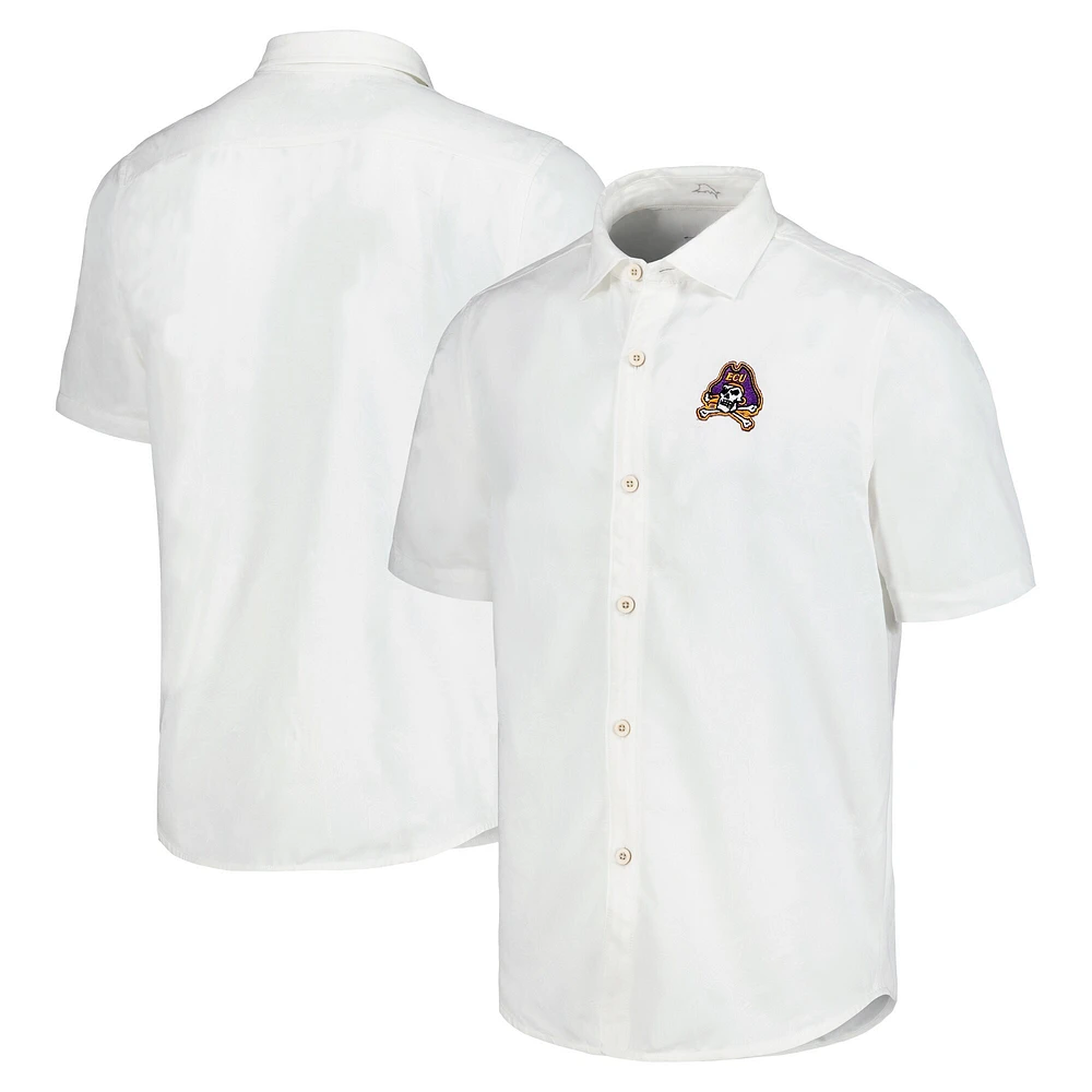 Chemise boutonnée Tommy Bahama White ECU Pirates Coconut Point Palm Vista IslandZone Camp pour hommes