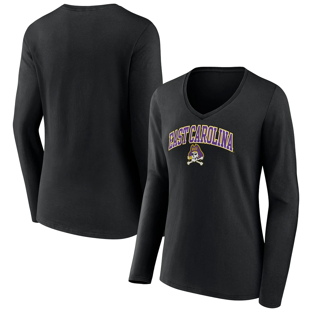 Women's Fanatics Black ECU Pirates Campus Long Sleeve V-Neck T-Shirt