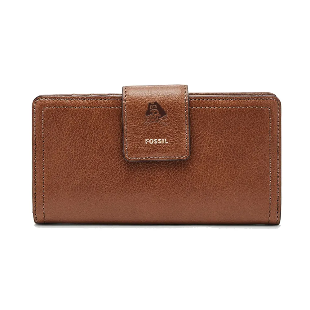 ECU Pirates Fossil Women's Leather Logan RFID Tab Clutch - Brown