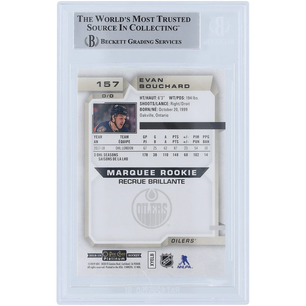 Carte de recrue authentifiée signée par Evan Bouchard des Oilers d'Edmonton, Upper Deck O-Pee-Chee Platinum #157 Beckett 2018-19, présentée par des fanatiques