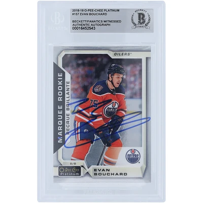 Carte de recrue authentifiée signée par Evan Bouchard des Oilers d'Edmonton, Upper Deck O-Pee-Chee Platinum #157 Beckett 2018-19, présentée par des fanatiques