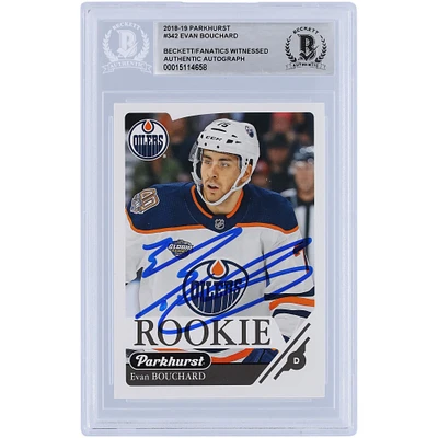 Carte de recrue authentifiée autographiée par Evan Bouchard des Oilers d'Edmonton Upper Deck Parkhurst #342 Beckett 2018-19 Fanatics Witnessed