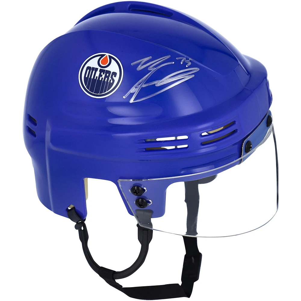 Casque miniature bleu autographié par Evan Bouchard des Oilers d'Edmonton