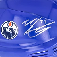 Casque miniature bleu autographié par Evan Bouchard des Oilers d'Edmonton