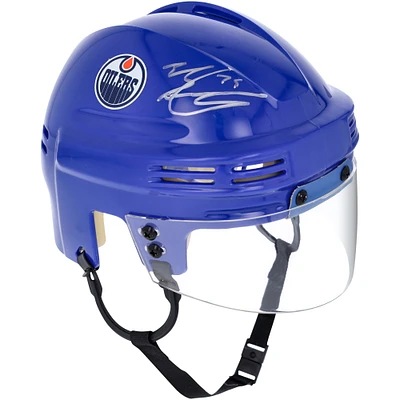 Casque miniature bleu autographié par Evan Bouchard des Oilers d'Edmonton