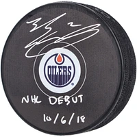 Rondelle de hockey autographiée par Evan Bouchard des Oilers d'Edmonton avec l'inscription « NHL Debut 10/6/18 »