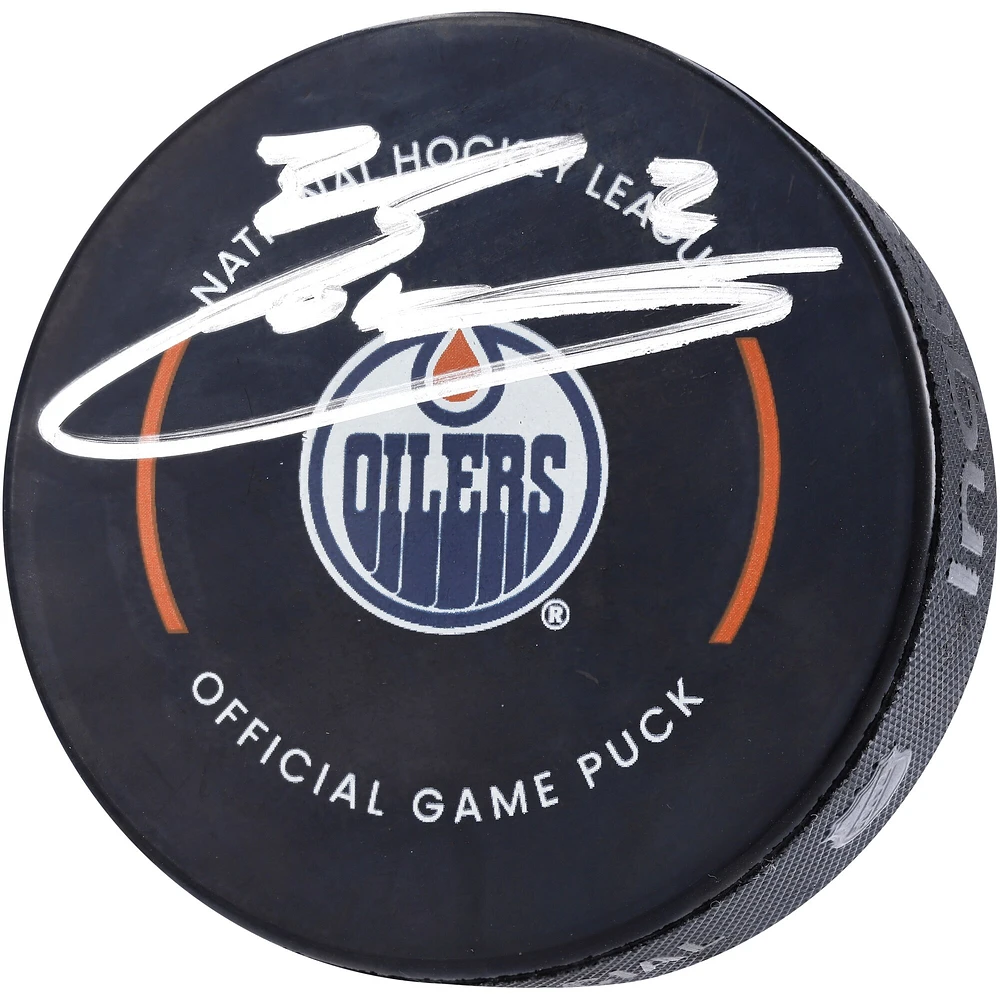 Rondelle de hockey officielle autographiée par Evan Bouchard des Oilers d'Edmonton
