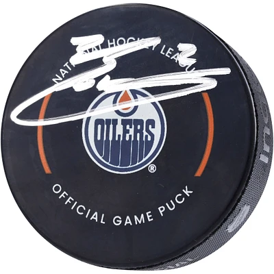 Rondelle de hockey officielle autographiée par Evan Bouchard des Oilers d'Edmonton