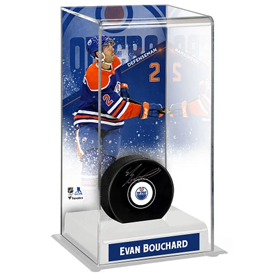 Rondelle autographiée par Evan Bouchard des Oilers d'Edmonton avec étui de luxe pour rondelle de hockey de grande taille