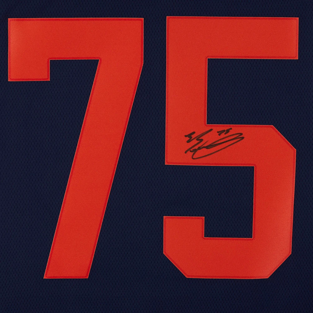 Maillot Breakaway autographié par Evan Bouchard, bleu marine, des Oilers d'Edmonton