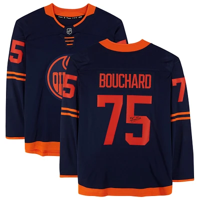 Maillot Breakaway autographié par Evan Bouchard, bleu marine, des Oilers d'Edmonton