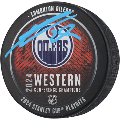 Leon Draisaitl Edmonton Oilers 2024 Western Conference Champions Autographed Hockey Puck
