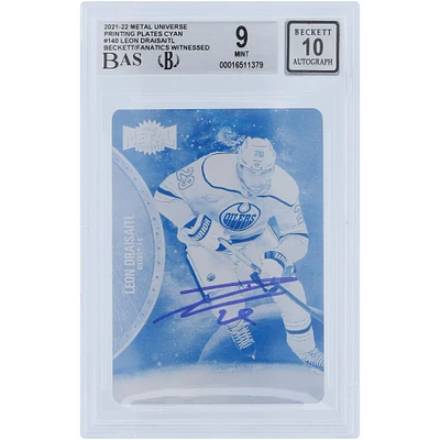 Leon Draisaitl Edmonton Oilers Autographed 2021-22 Upper Deck Metal Universe Cyan Printing Plate #140 #1/1 Beckett Fanatics Witnessed Authenticated 9/10 Card 