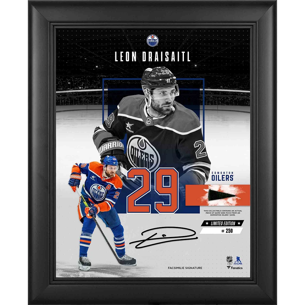 Collage encadré de 11 po x 14 po, reproduction de la signature des Oilers d'Edmonton de Leon Draisaitl, avec un morceau de rondelle utilisée lors du match - Édition limitée à 250 exemplaires