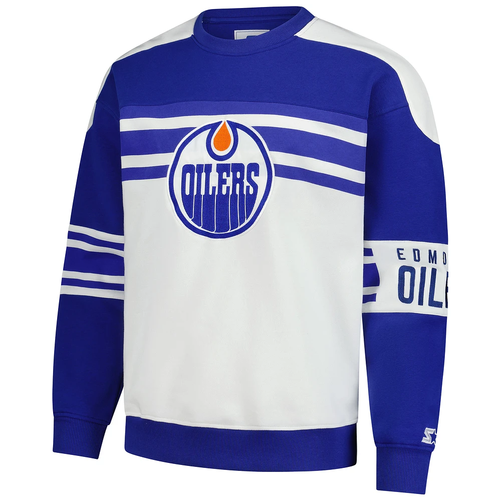 Men's Starter  White Edmonton Oilers Defense Fleece Crewneck Pullover Sweatshirt