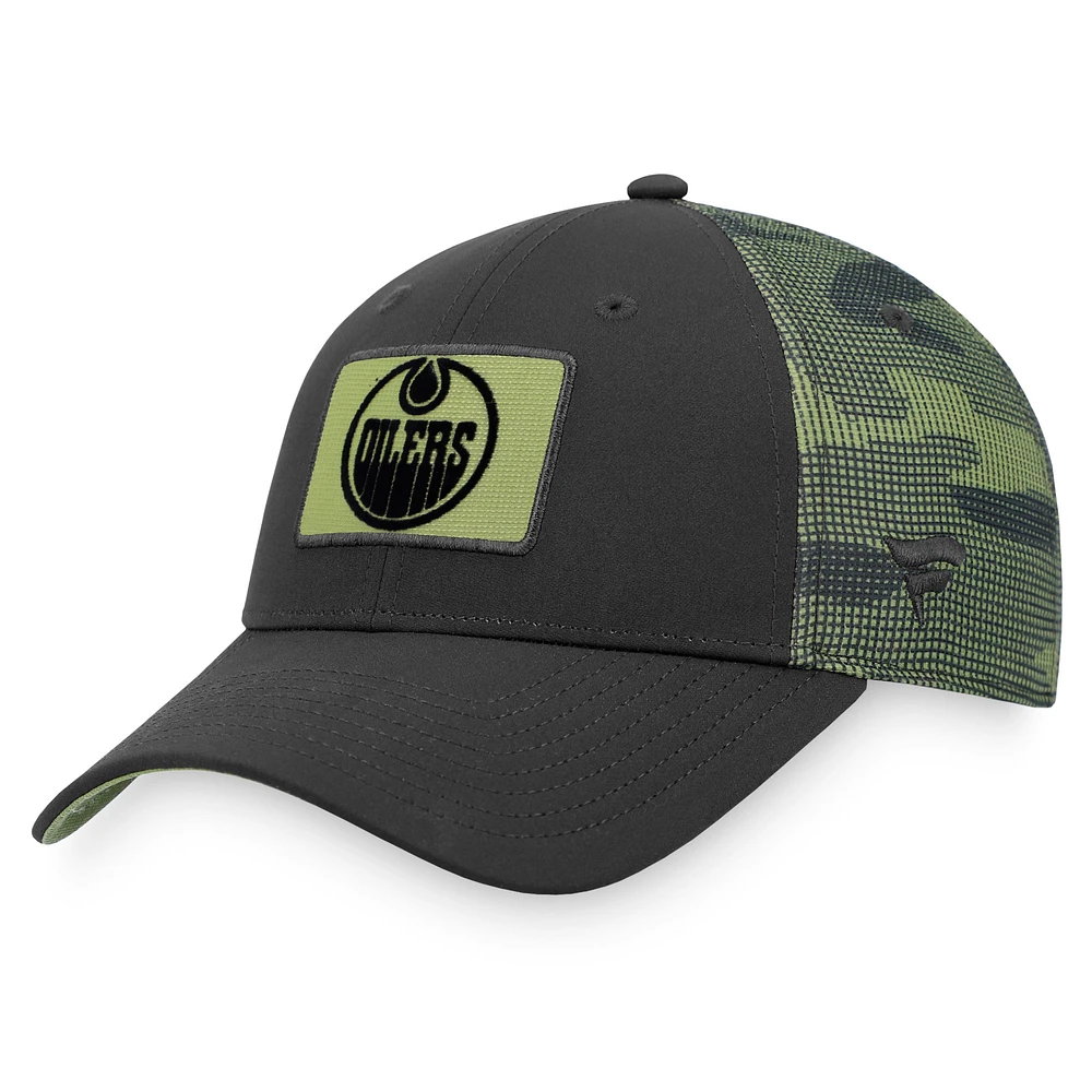 Casquette ajustable Fanatics noire/camouflage pour homme des Oilers d'Edmonton à l'effigie des militaires