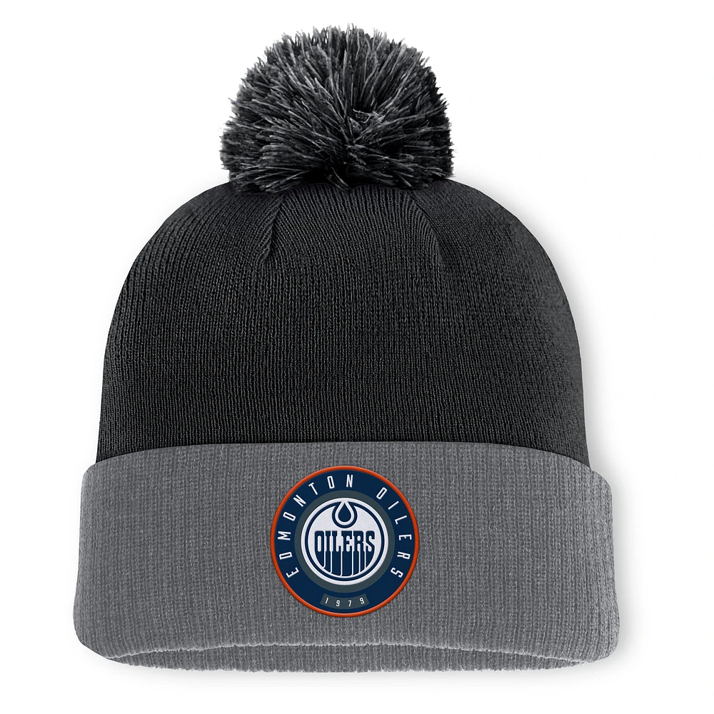 Bonnet en tricot à revers avec pompon Fanatics Black Edmonton Oilers pour hommes