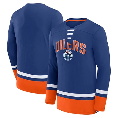 Men's Fanatics Blue Edmonton Oilers Fundamental Lace-Up Long Sleeve T-Shirt