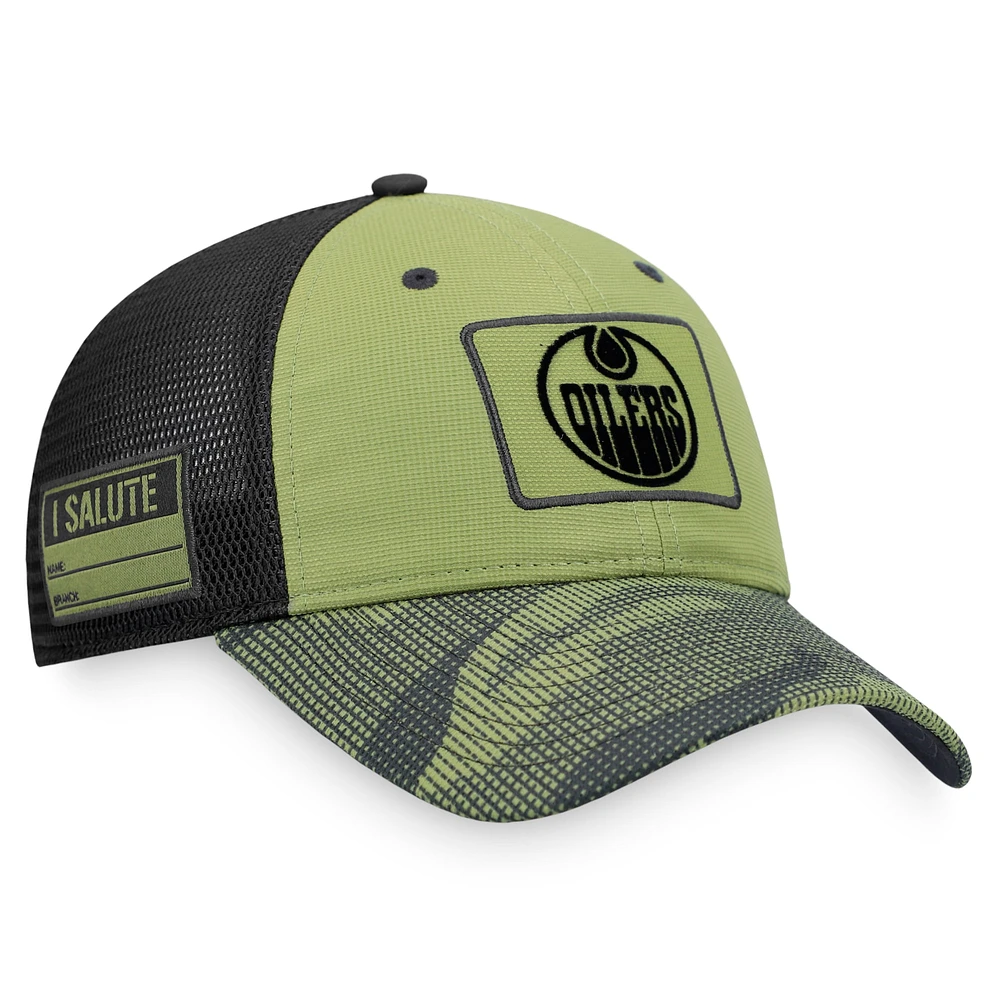 Casquette Snapback de reconnaissance militaire Fanatics Camo/Black des Oilers d'Edmonton pour hommes