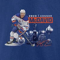 T-shirt bleu de la saison historique des Oilers d'Edmonton Fanatics Connor McDavid pour hommes