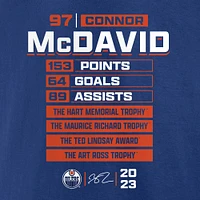 T-shirt bleu de la saison historique des Oilers d'Edmonton Fanatics Connor McDavid pour hommes