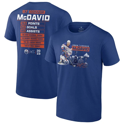 T-shirt bleu de la saison historique des Oilers d'Edmonton Fanatics Connor McDavid pour hommes