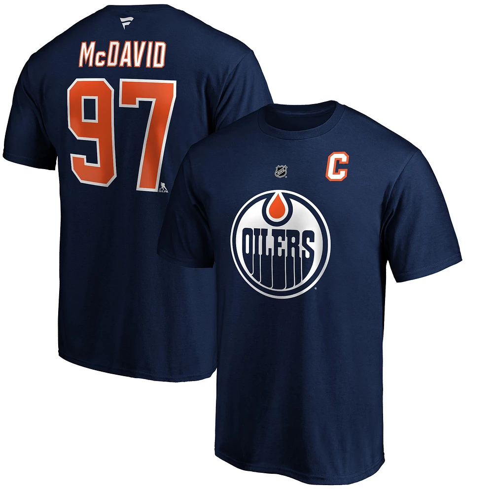 Men's Fanatics Connor McDavid Navy Edmonton Oilers Logo Authentic Stack Name and Number - T-Shirt