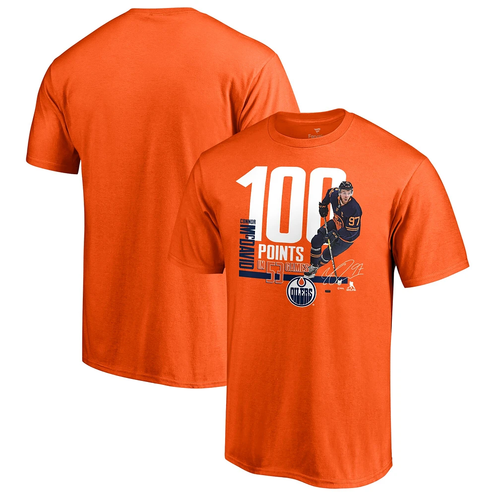 Fanatiques pour hommes de marque Connor McDavid Orange Edmonton Oilers 100 points - T-shirt réussite du joueur