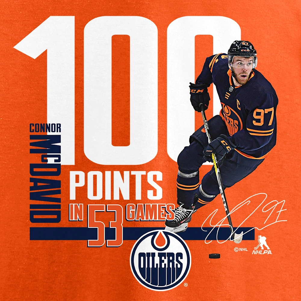 Fanatiques pour hommes de marque Connor McDavid Orange Edmonton Oilers 100 points - T-shirt réussite du joueur