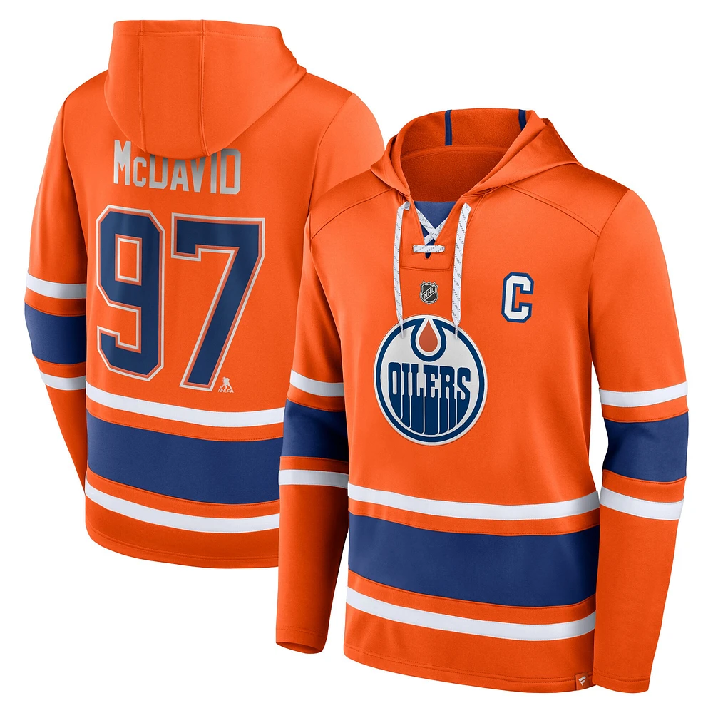 Chandail à capuchon lacets avec nom et numéro des Oilers d'Edmonton Fanatics Connor McDavid pour hommes