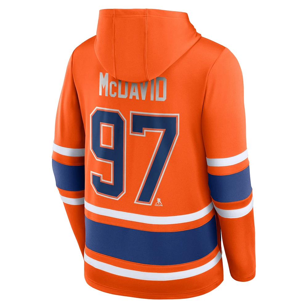 Chandail à capuchon lacets avec nom et numéro des Oilers d'Edmonton Fanatics Connor McDavid pour hommes