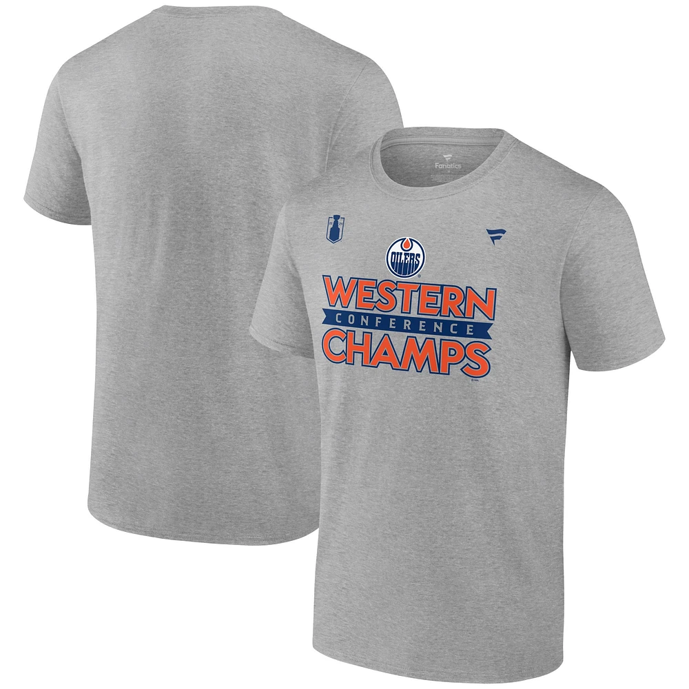 T-shirt des vestiaires champions de la Conférence l'Ouest 2024 Oilers d'Edmonton gris Fanatics pour hommes